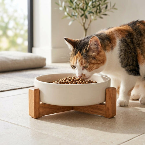 Ceramic Pet Bowl with Wood Stand