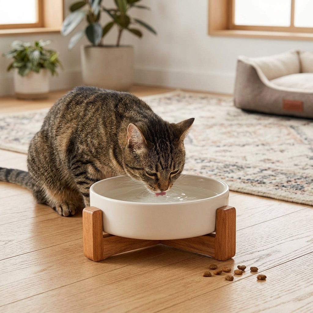 Ceramic Pet Bowl with Wood Stand
