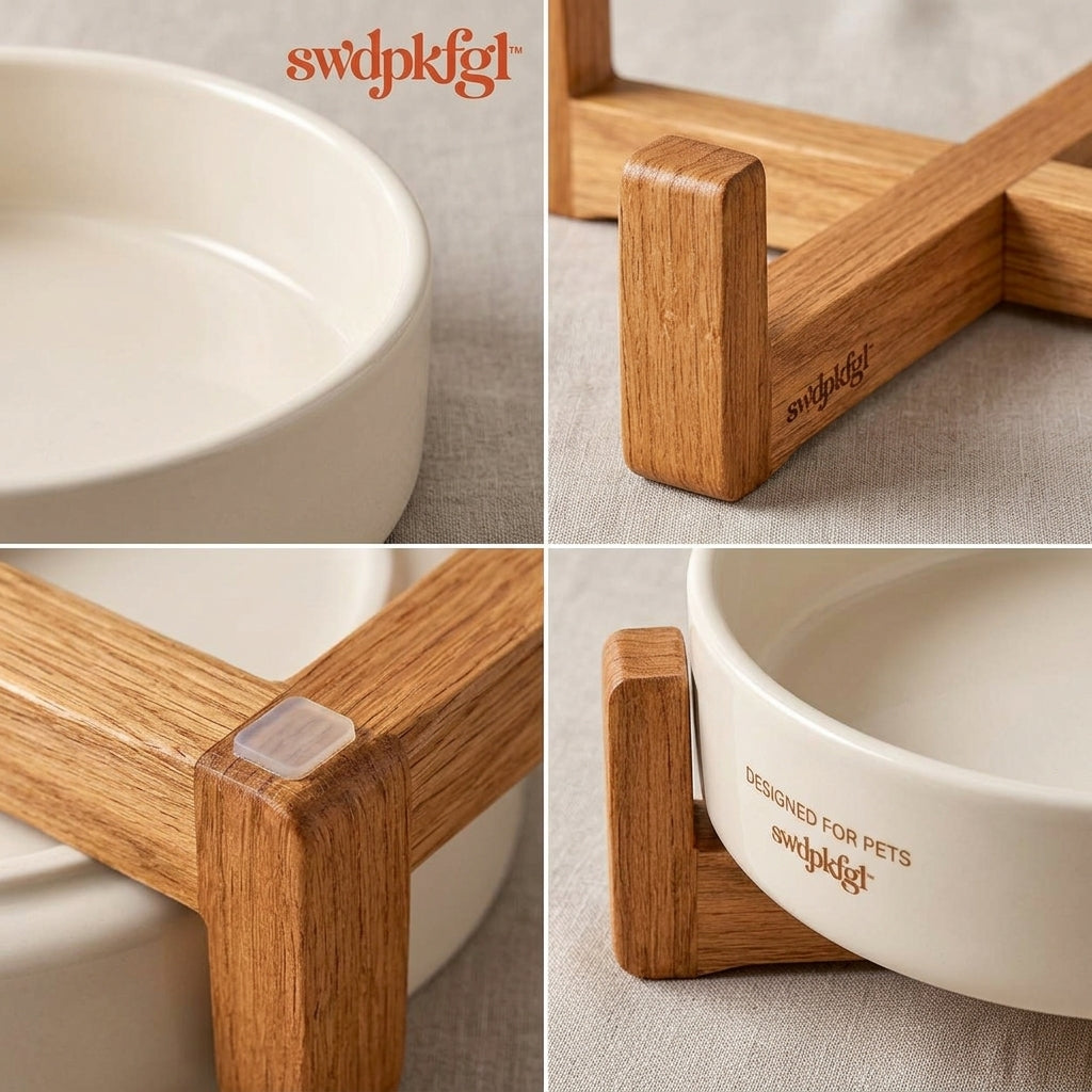 Ceramic Pet Bowl with Wood Stand